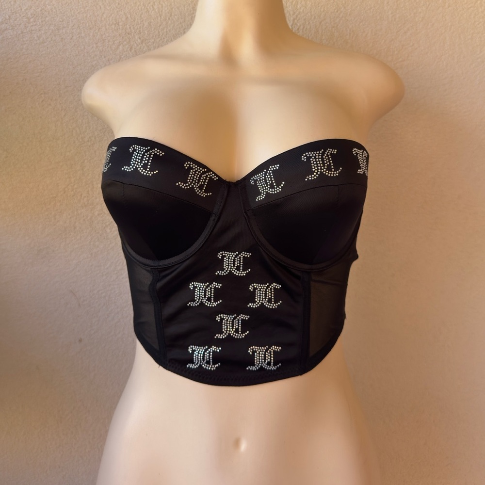 Juicy Couture Black Strapless Rhinestone Logo Bustier
